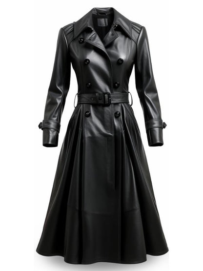 Women Designer Black Long Leather Coat