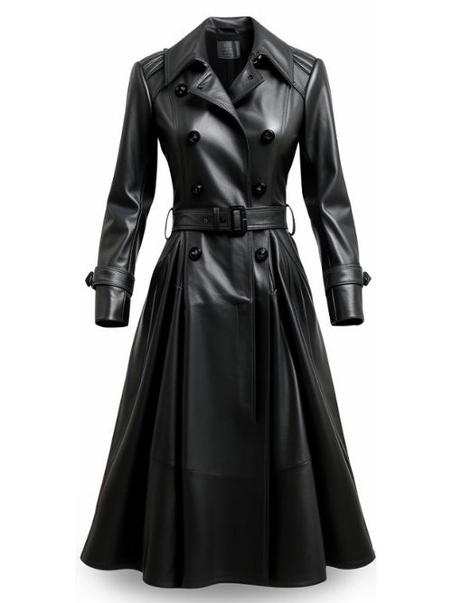 Women Designer Black Long Leather Coat