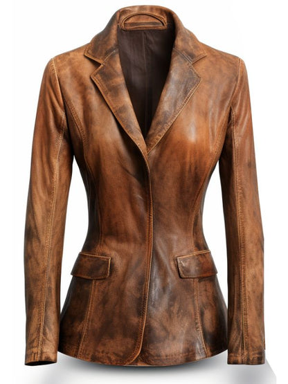 Women Designer Brown Waxed Leather Blazer