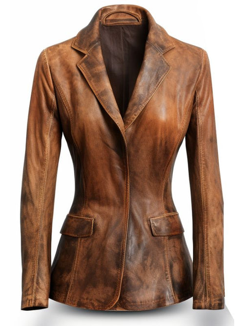 Women Designer Brown Waxed Leather Blazer