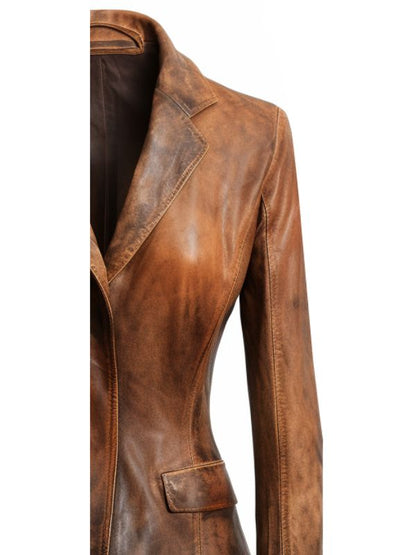Women Designer Brown Waxed Leather Blazer