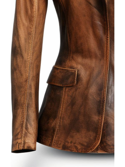 Women Designer Brown Waxed Leather Blazer