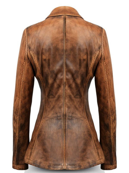Women Designer Brown Waxed Leather Blazer