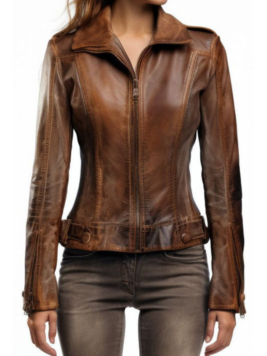 Women Distressed Biker Leather Jacket