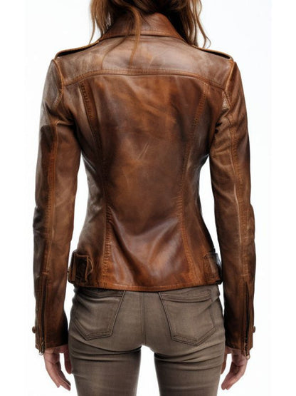 Women Distressed Biker Leather Jacket