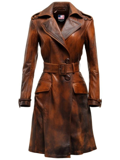 Women Distressed Brown Vintage Leather Long Coat