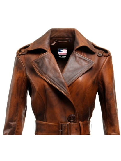 Women Distressed Brown Vintage Leather Long Coat