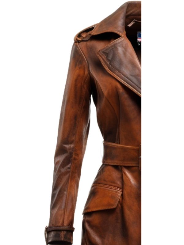 Women Distressed Brown Vintage Leather Long Coat