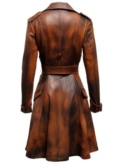 Women Distressed Brown Vintage Leather Long Coat