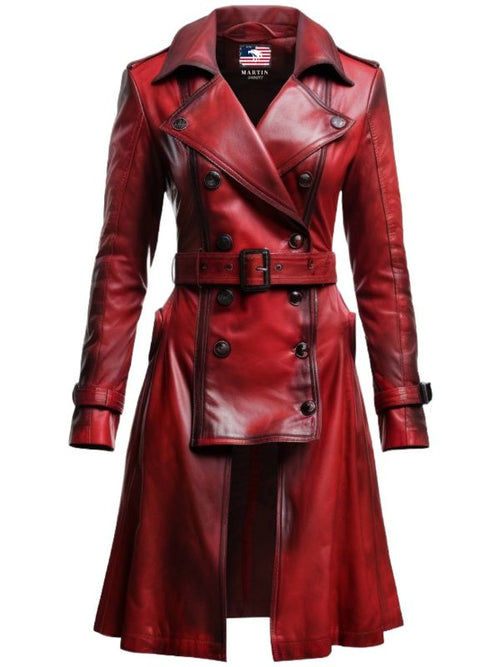 Women Distressed Red Leather Long Coat - Distressed Leather Coat