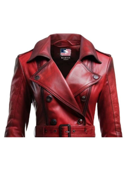 Women Distressed Red Leather Long Coat - Distressed Leather Coat