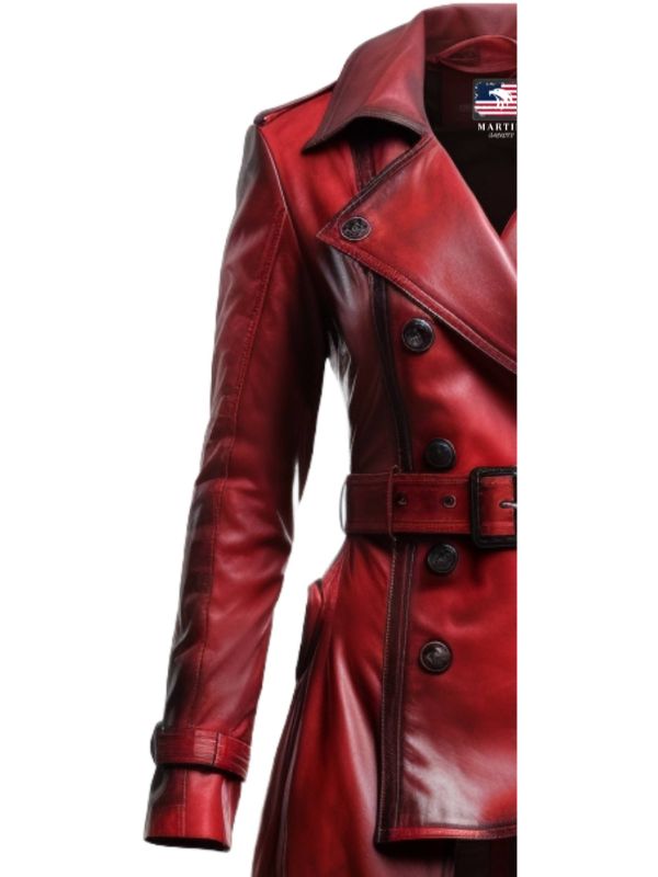 Women Distressed Red Leather Long Coat - Distressed Leather Coat