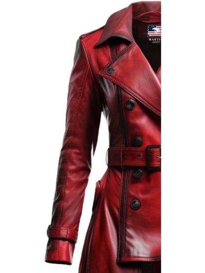 Women Distressed Red Leather Long Coat - Distressed Leather Coat