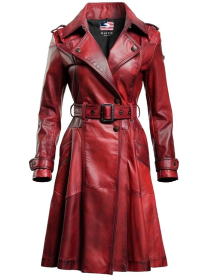 Women Distressed Red Leather Long Coat