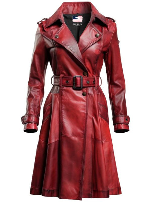 Women Distressed Red Leather Long Coat
