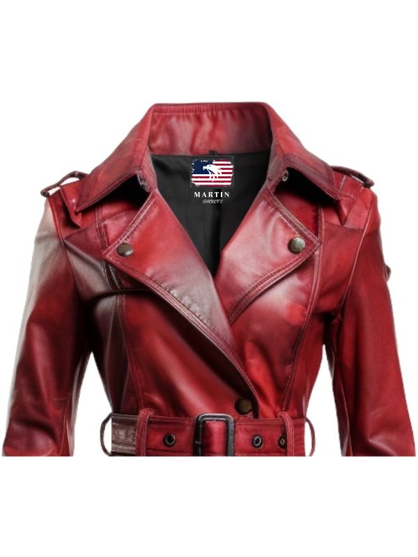 Women Distressed Red Leather Long Coat