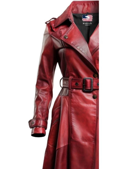 Women Distressed Red Leather Long Coat