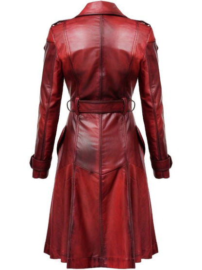Women Distressed Red Leather Long Coat