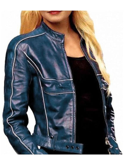 Women Emma Casual Leather Jacket - Navy Blue