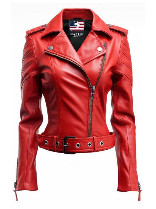 Women Emma Casual Leather Jacket - Red