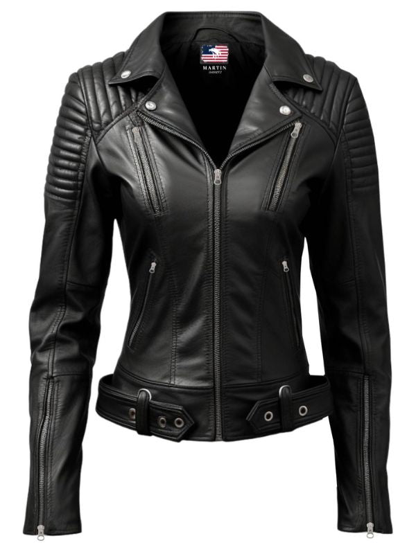 Women Lauren Black Biker Leather Jacket