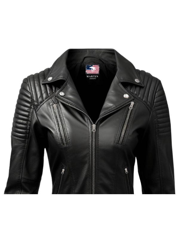 Women Lauren Black Biker Leather Jacket