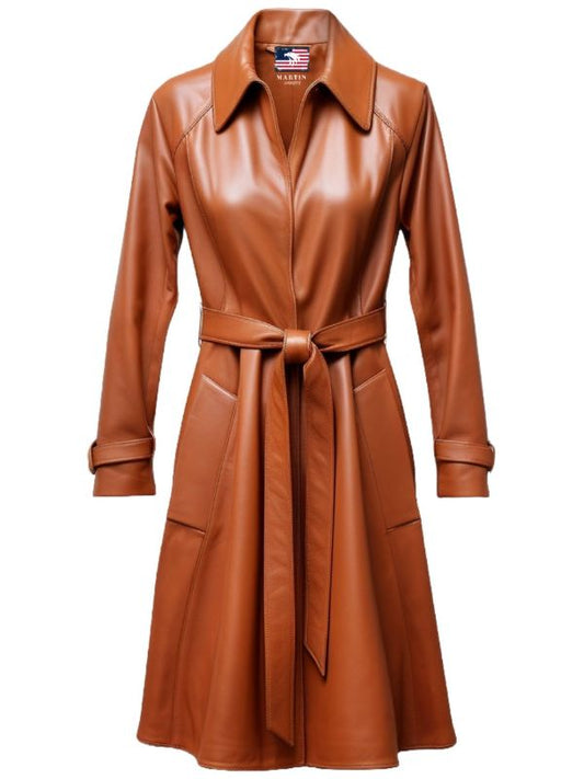 Women Leather Coat - Tan Brown Long Leather Coat