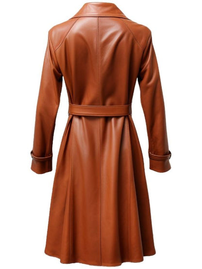 Women Leather Coat - Tan Brown Long Leather Coat