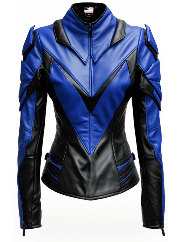Women Leather Jacket - Blue and Black Faux Leather Jacket