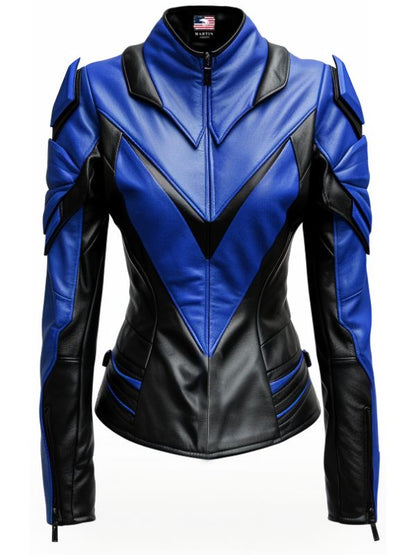 Women Leather Jacket - Blue and Black Faux Leather Jacket