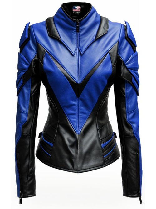 Women Leather Jacket - Blue and Black Faux Leather Jacket