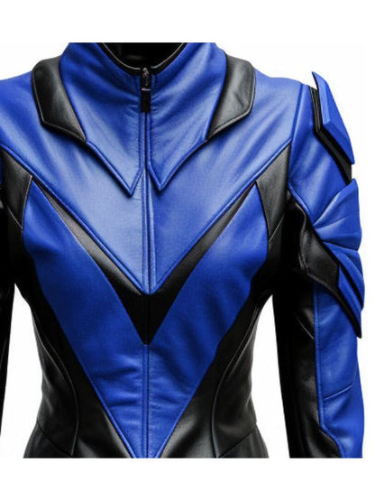 Women Leather Jacket - Blue and Black Faux Leather Jacket
