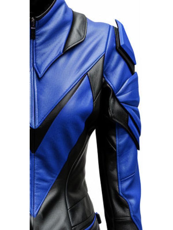 Women Leather Jacket - Blue and Black Faux Leather Jacket
