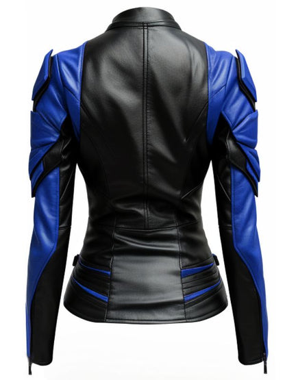 Women Leather Jacket - Blue and Black Faux Leather Jacket