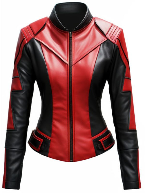 Women Leather Jacket - Red and Black Faux Leather Jacket