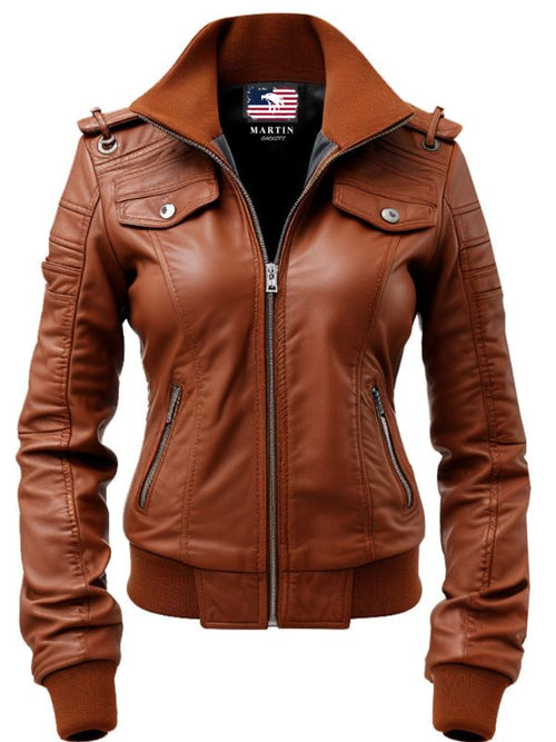 Women Leather Jacket Brown Bomber