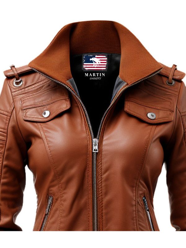 Women Leather Jacket Brown Bomber
