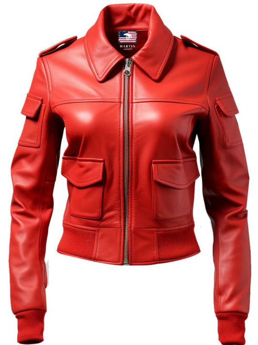 Women Leather Jacket Red Bomber