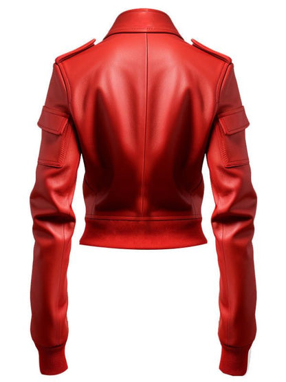 Women Leather Jacket Red Bomber