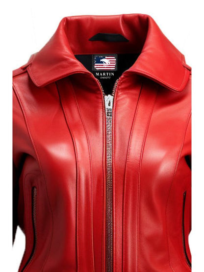 Women Red Bomber Leather Jacket
