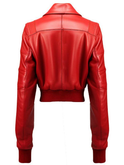 Women Red Bomber Leather Jacket