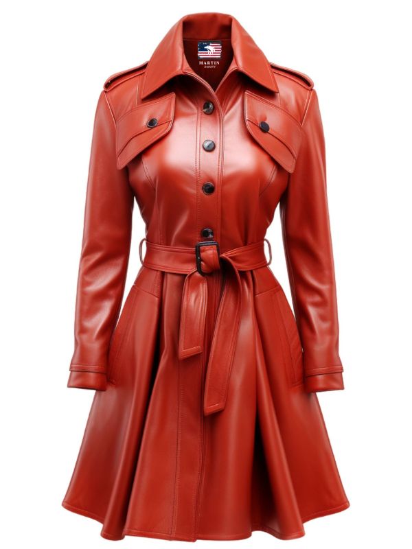 Women Red Leather Coat - Red Coat