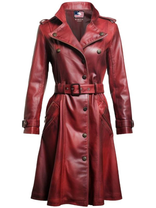 Women Red Leather Distressed Long Leather Coat - Red Distressed Long Leather Coat