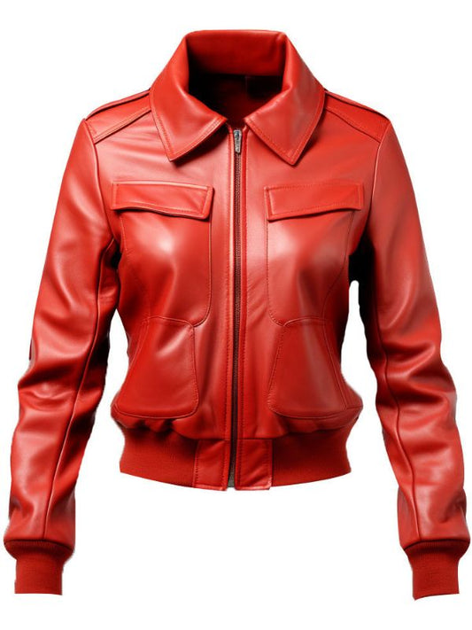 Women Red Leather Jacket Bomber Style