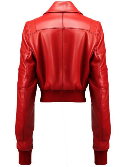 Women Red Leather Jacket Bomber Style