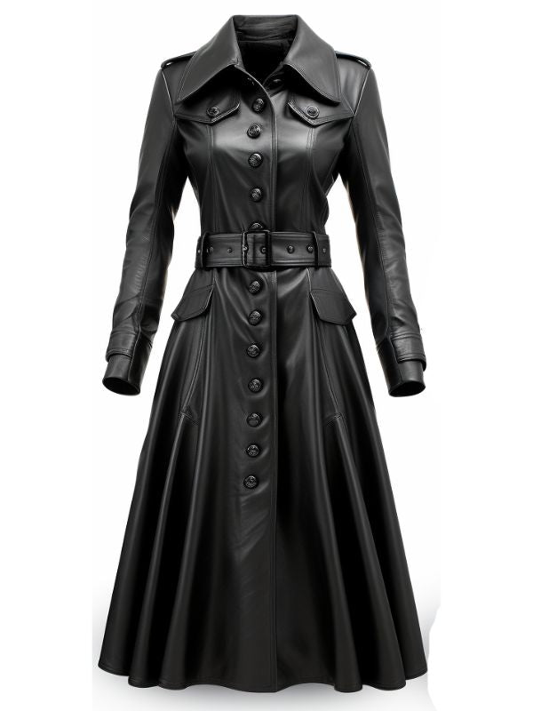 Women Rock Black Long Leather Designer Coat