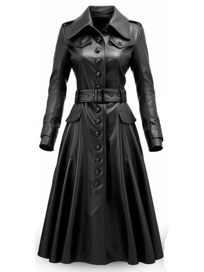 Women Rock Black Long Leather Designer Coat