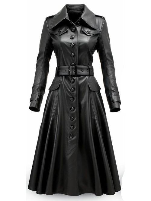 Women Rock Black Long Leather Designer Coat