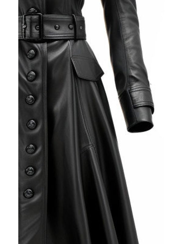 Women Rock Black Long Leather Designer Coat