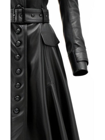Women Rock Black Long Leather Designer Coat